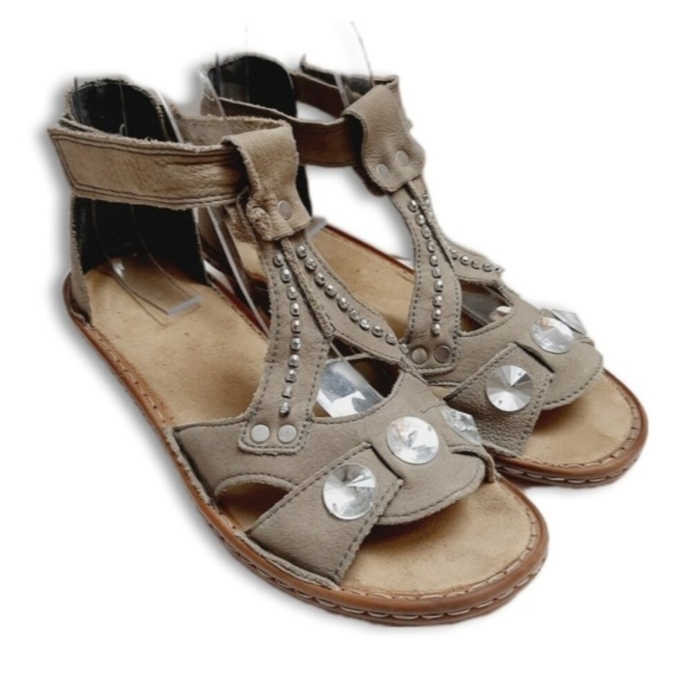 Rieker Taupe Suede Gladiator Sandals with Crystal Studs